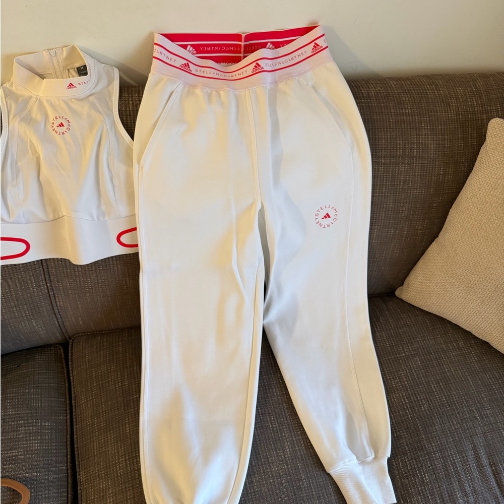 Adidas by Stella McCartney Kids White Sweatpants with Pink Trim